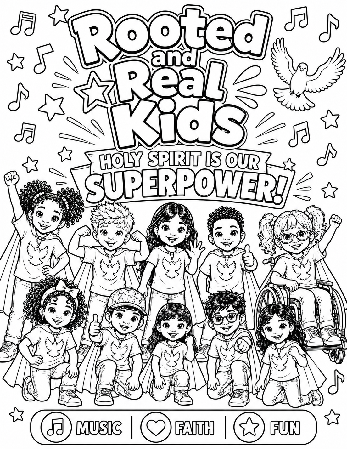 My Superpower coloring sheet: printable black and white line art of the Rooted & Real Kids