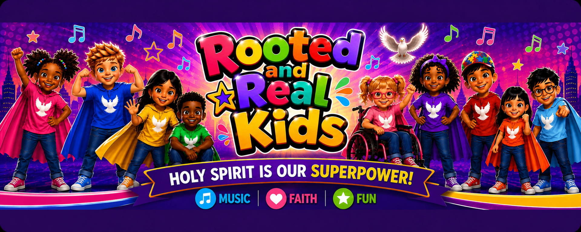 Rooted and Real Kids: a diverse group of children in superhero capes with the Holy Spirit dove