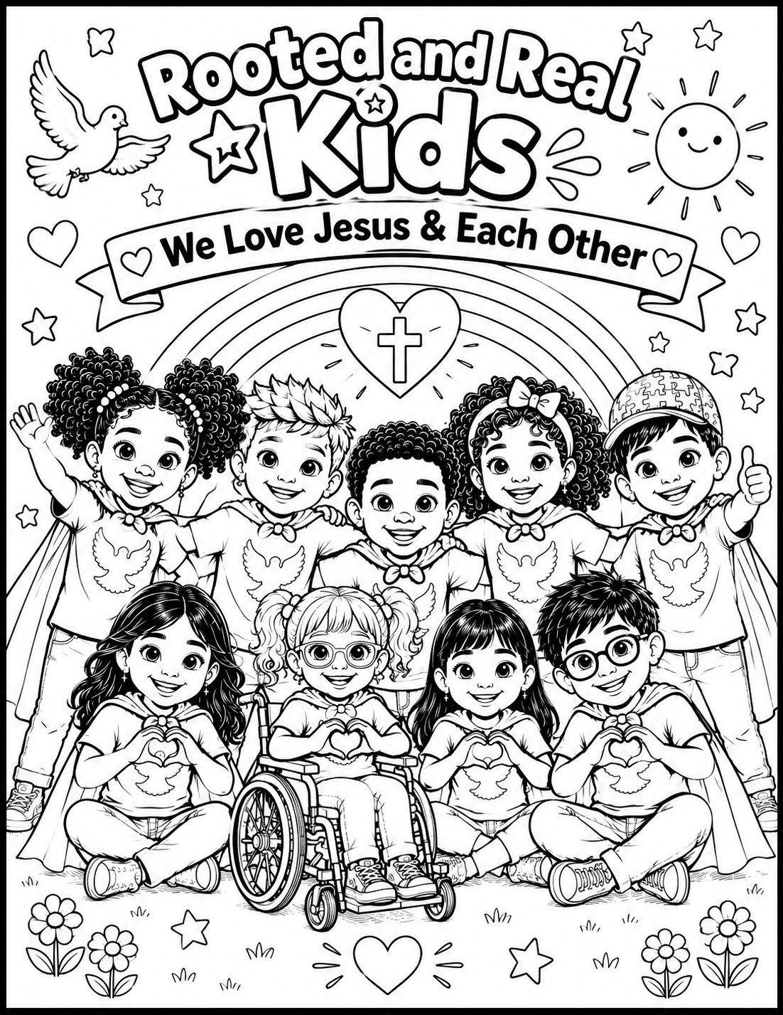 We Love Jesus and Each Other coloring sheet: printable line art of the Rooted & Real Kids making heart hands